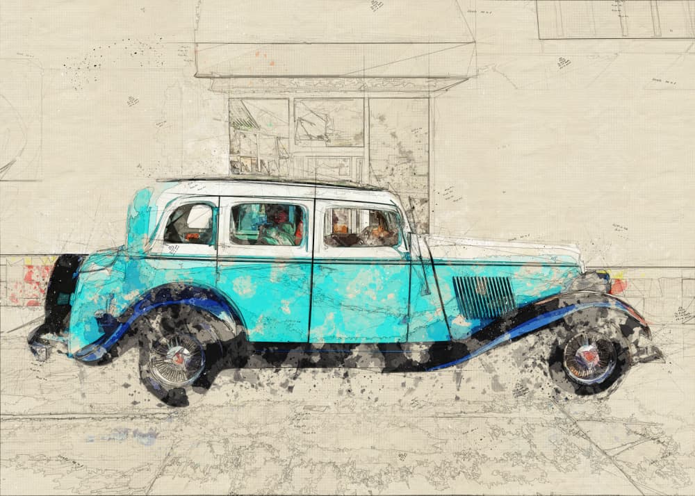Classic Blue Car Sketch by Lembayung senja studio [Vintage Poster] — canvas wall art