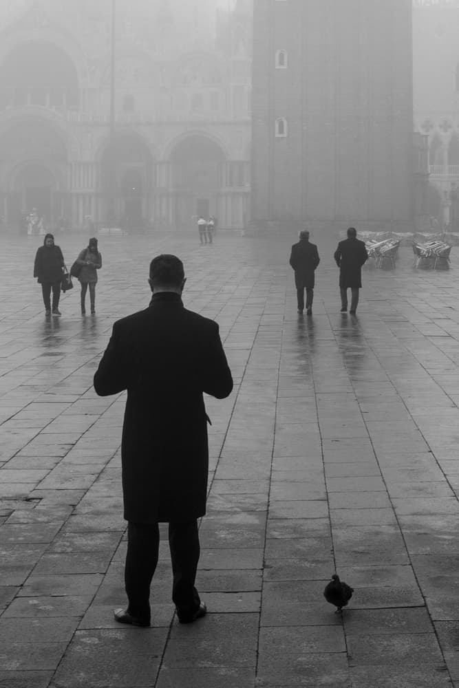 Lone Figure Foggy City by Fred Barrington — canvas wall art