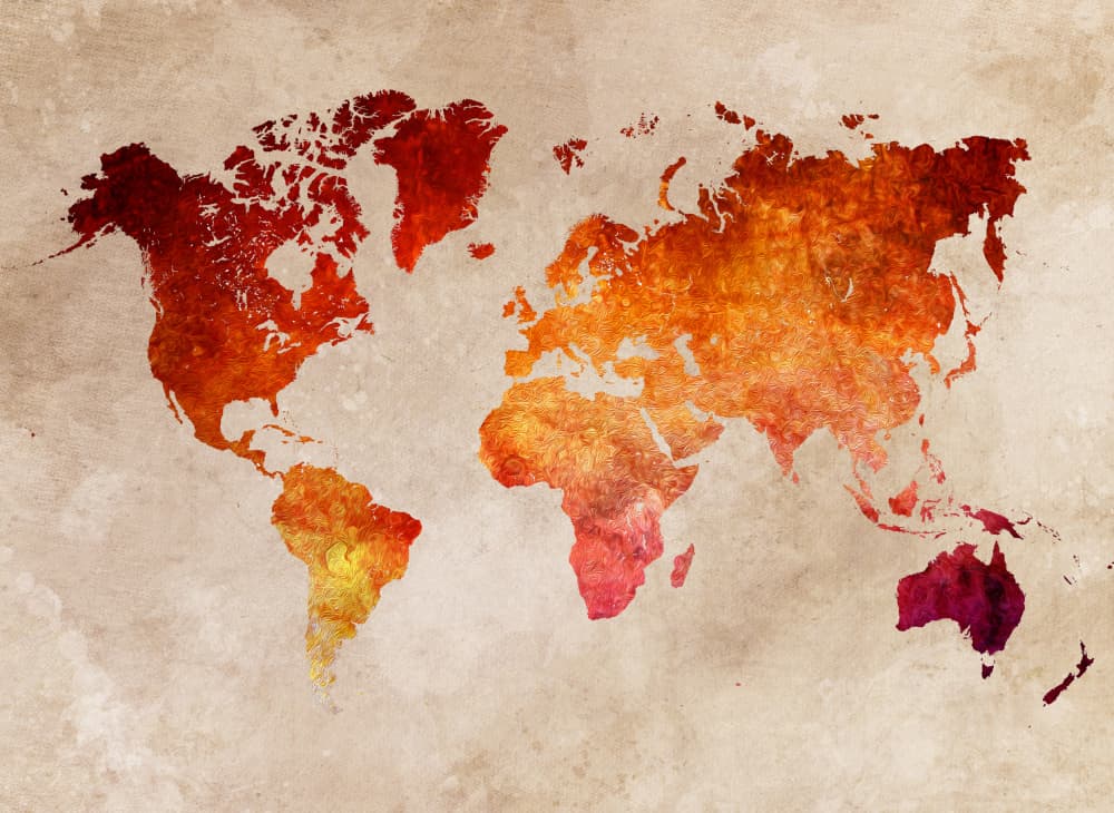 Aged Fiery World Map by Justyna Jaszke — canvas wall art