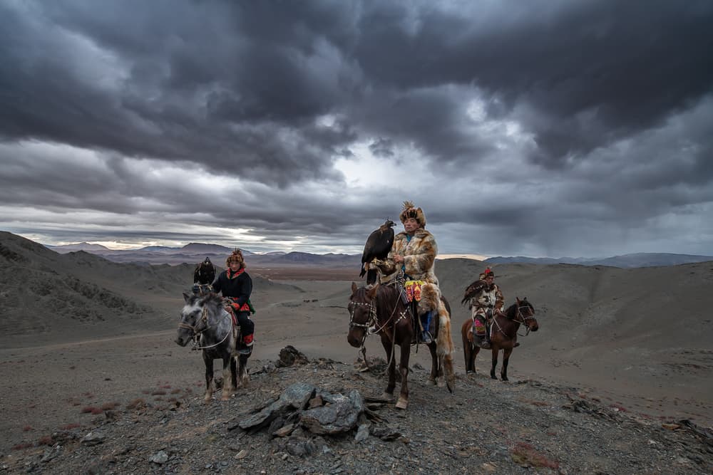 Kazakh Eagle Hunters Steppe by Marc Pelissier — canvas wall art