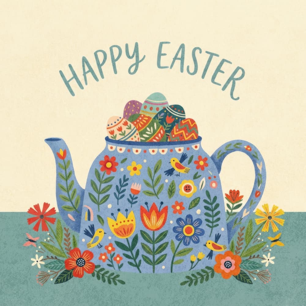 Happy Easter Teapot by Emel Tunaboylu — canvas wall art