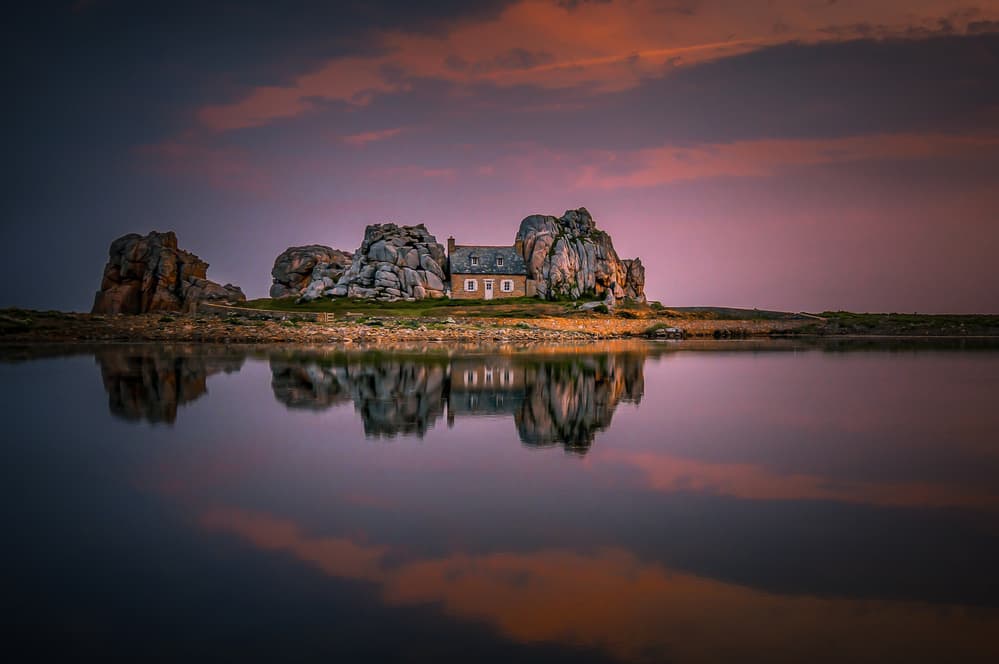 Coastal Home Sunset Reflection by Alessandro Traverso — canvas wall art