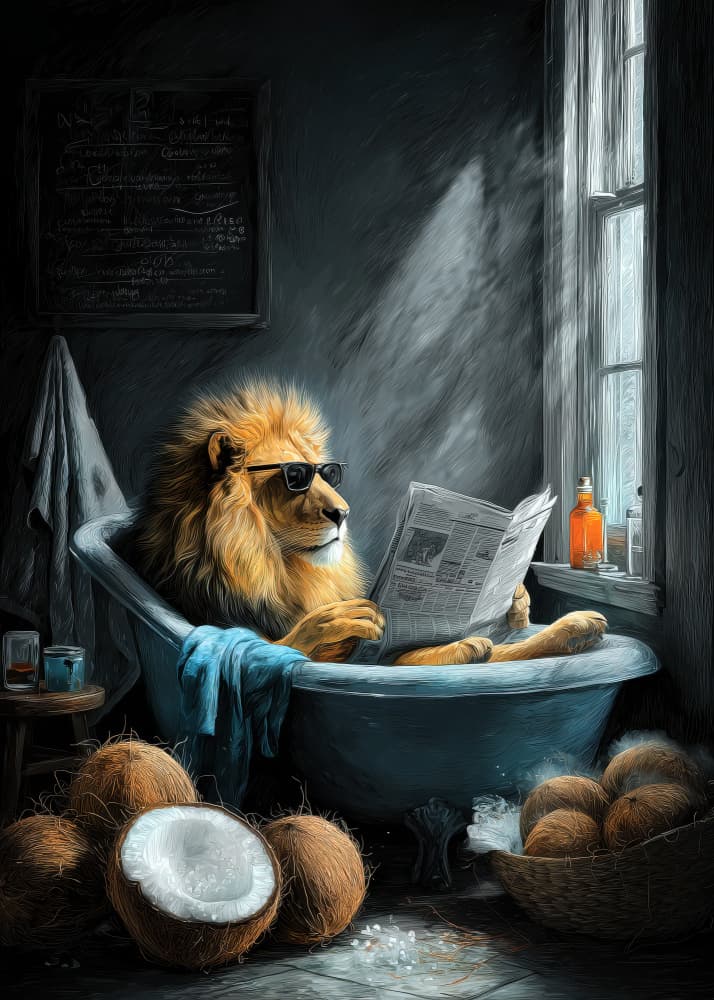 Relaxing Lion Reading by Justyna Jaszke — canvas wall art