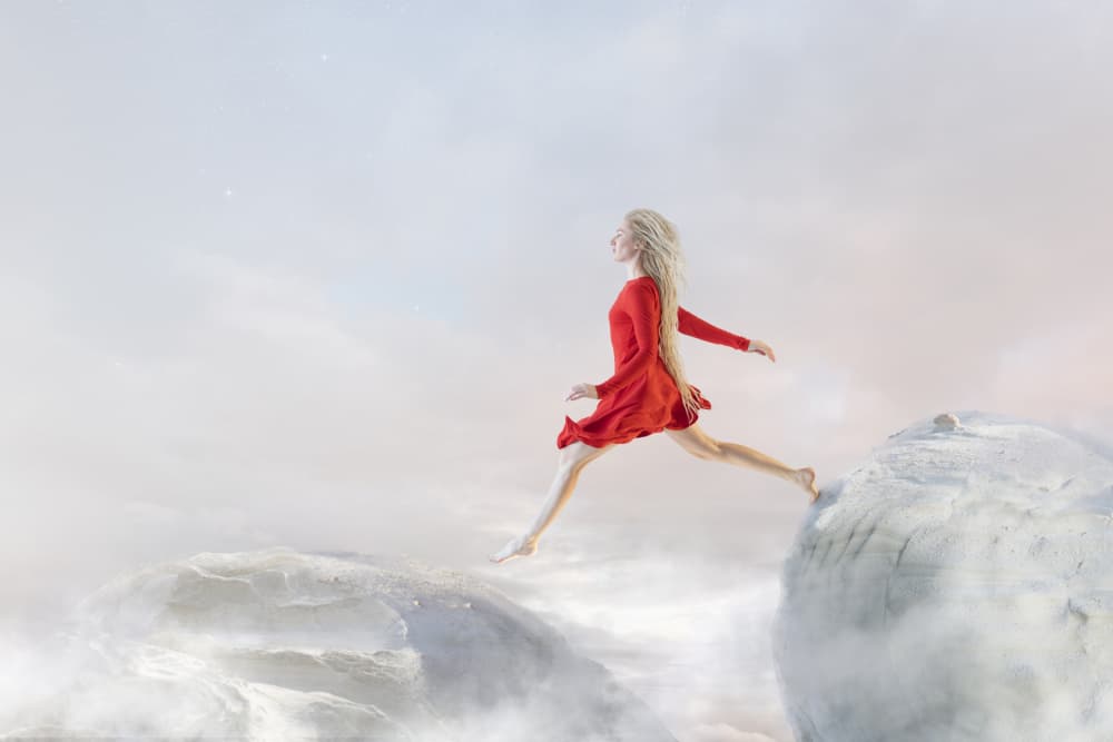 Red Dress Sky Leap by Eva Frey — canvas wall art