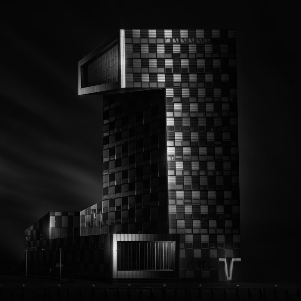 Dark Geometric Building by Juan Pablo de Miguel — canvas wall art