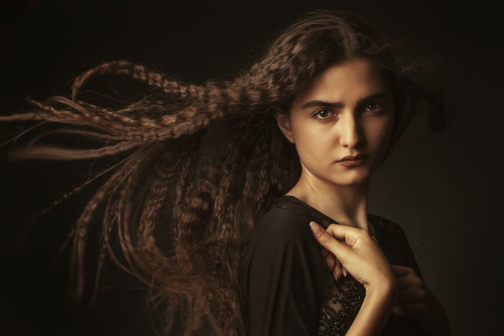 Dark Portrait Flowing Hair by Mehdi Mokhtari — canvas wall art