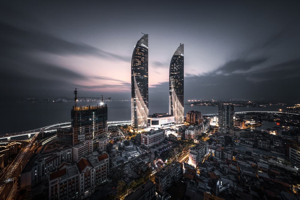 Coastal City Night Towers by Ran Shen — canvas wall art