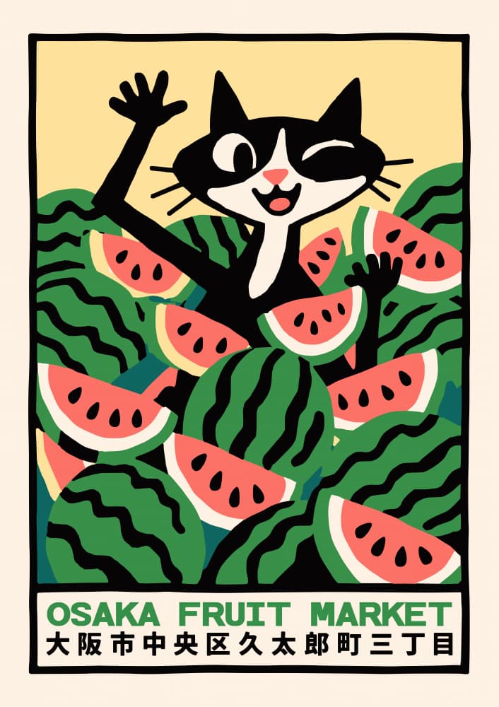 Happy Cat Watermelon Market by Patryk Krygowski — canvas wall art