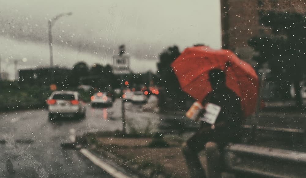 Red Umbrella Rainy Street by John Hoey — canvas wall art