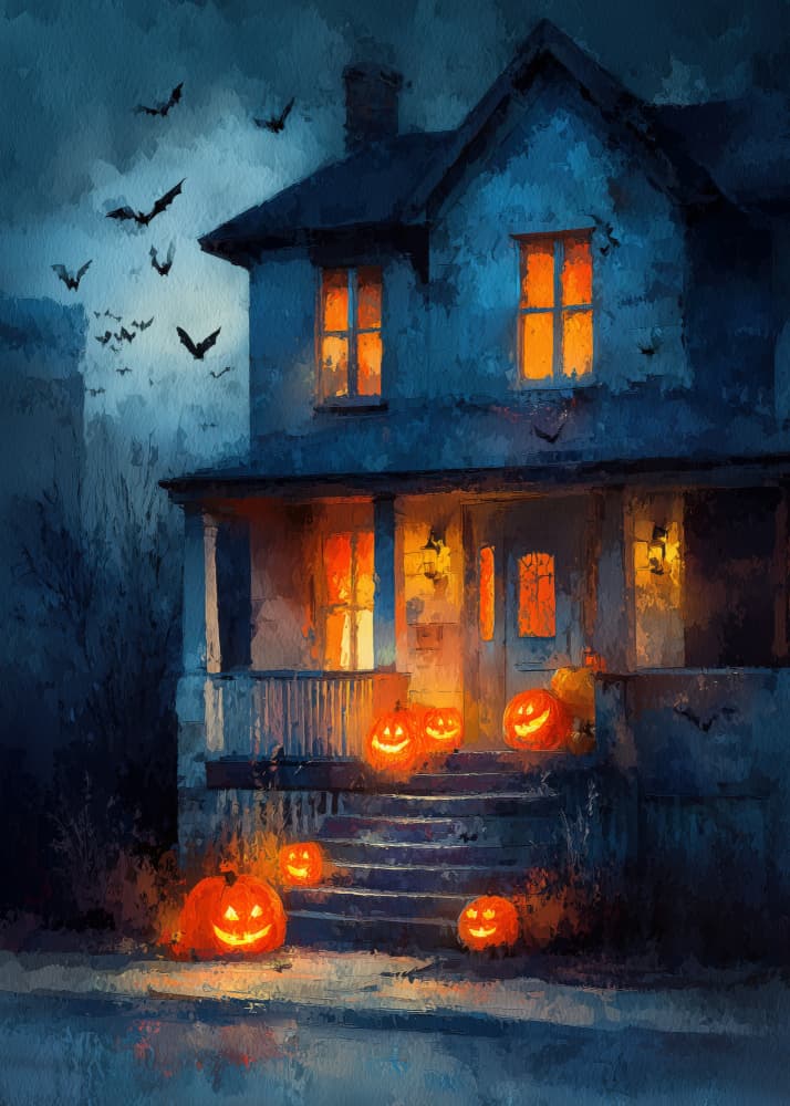 Pumpkin Lit Halloween House by Justyna Jaszke — canvas wall art