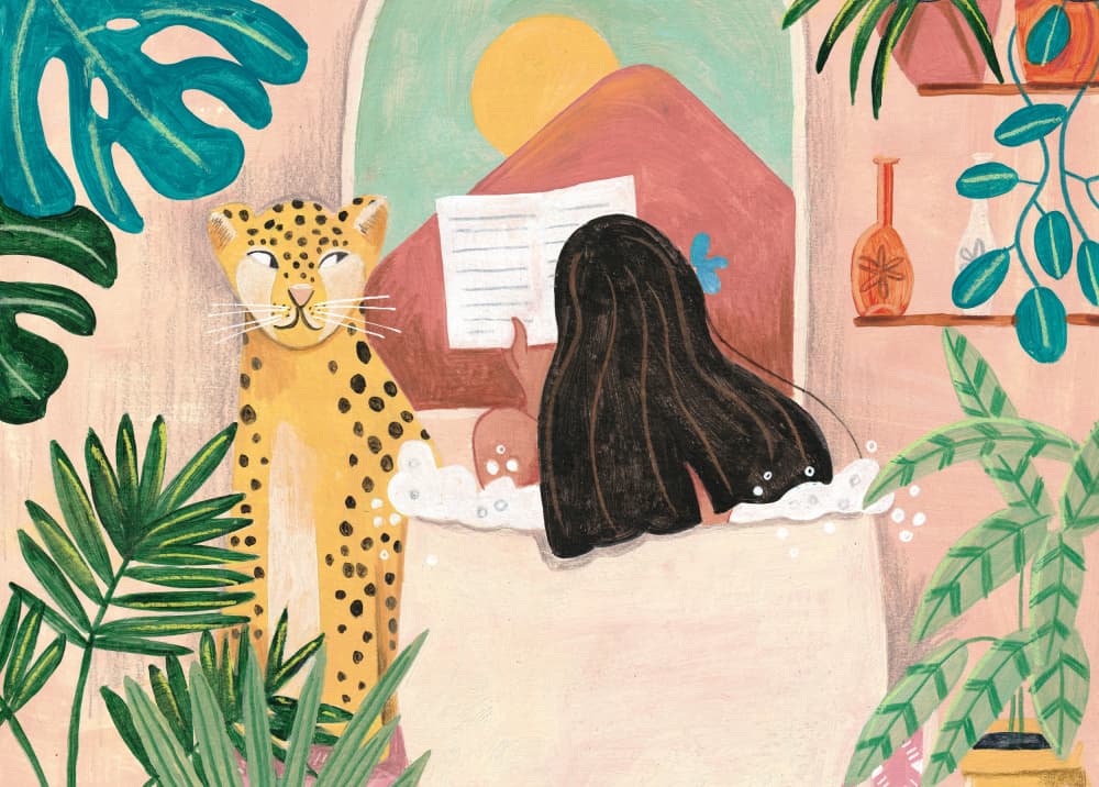 Woman taking bath in pink tropical bathroom by Caroline Bonne Müller — canvas wall art