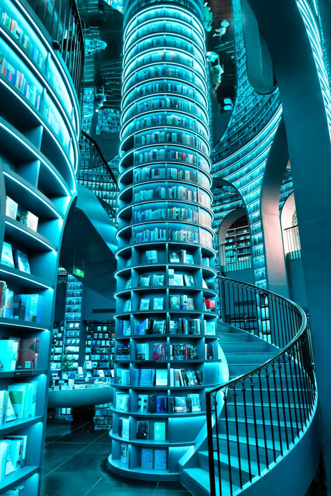 Illuminated Library Staircase by Catherine Wang — canvas wall art