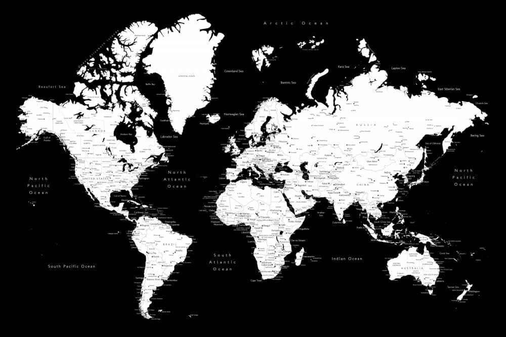 Black and White World Map by Rosana Laiz Blursbyai — canvas wall art