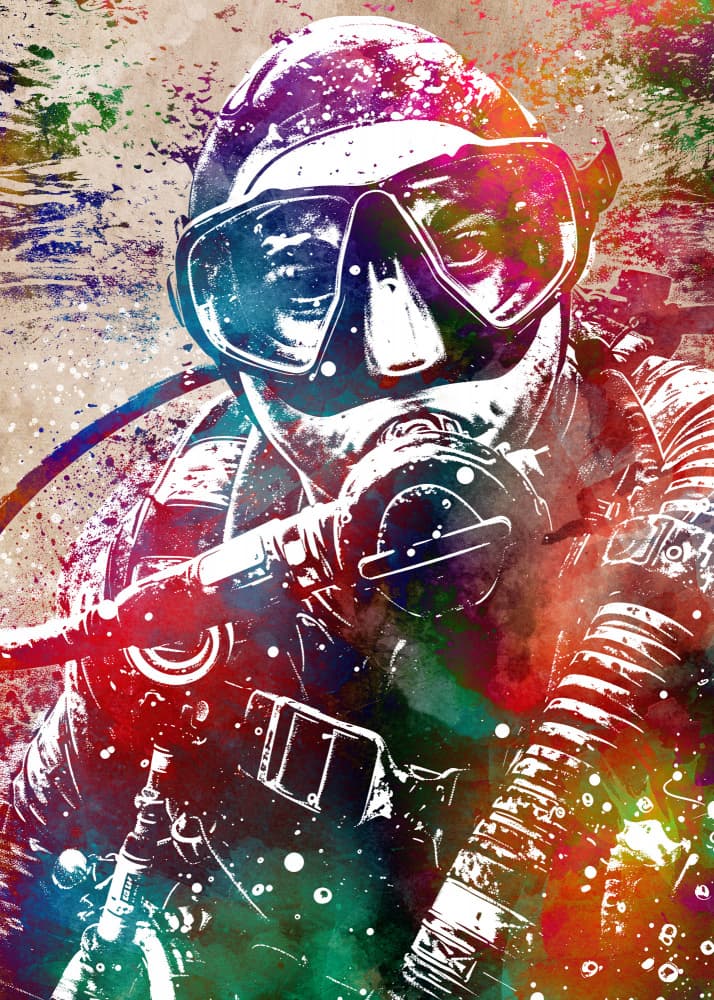 Colorful Underwater Diver by Justyna Jaszke — canvas wall art