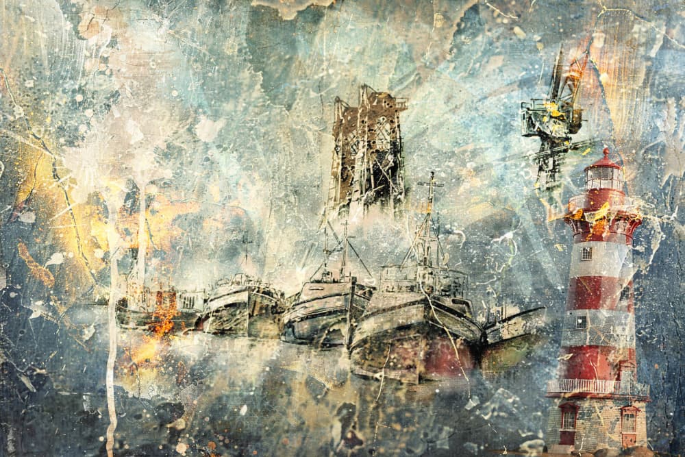 Grunge Harbor Lighthouse by Rafal Kulik — canvas wall art