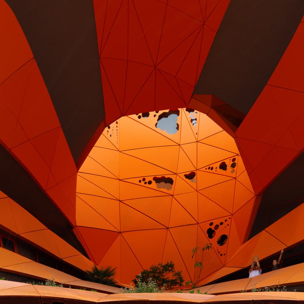 Orange Geometric Courtyard by Luc Vangindertael (laGrange) — canvas wall art