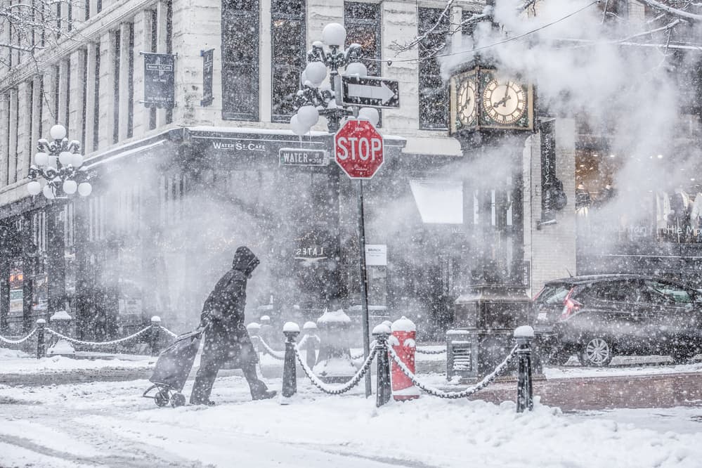 Snowy Gastown Street by Tony Xu — canvas wall art