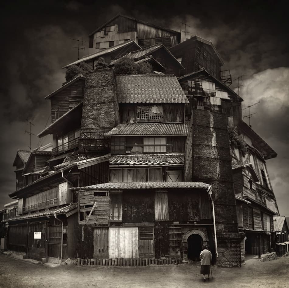 Dark Stacked Homes by Kiyo Murakami — canvas wall art