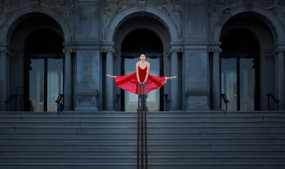 Red Dress Ballerina Split by Catherine Wang — canvas wall art