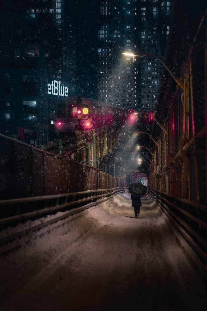 Snowy City Night Walk by Javier de la Torre — canvas wall art