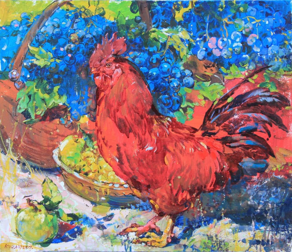 Colorful Rooster and Grapes by Andrii Kutsachenko — canvas wall art