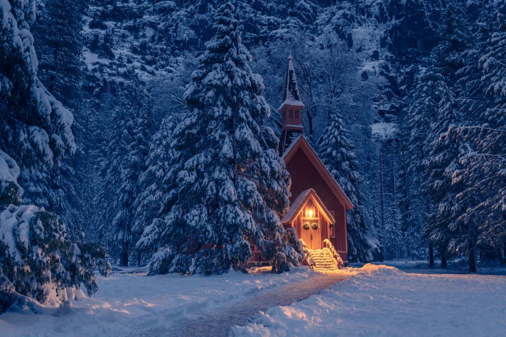 Cozy Winter Chapel by Ryan Li — canvas wall art