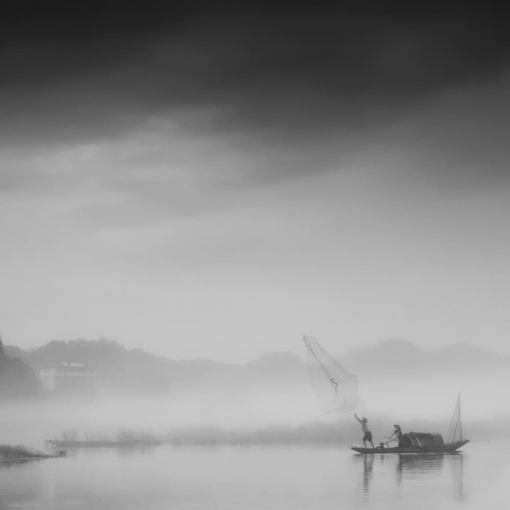 Misty River Fishing Boat by YouduTian(田有杜) — canvas wall art
