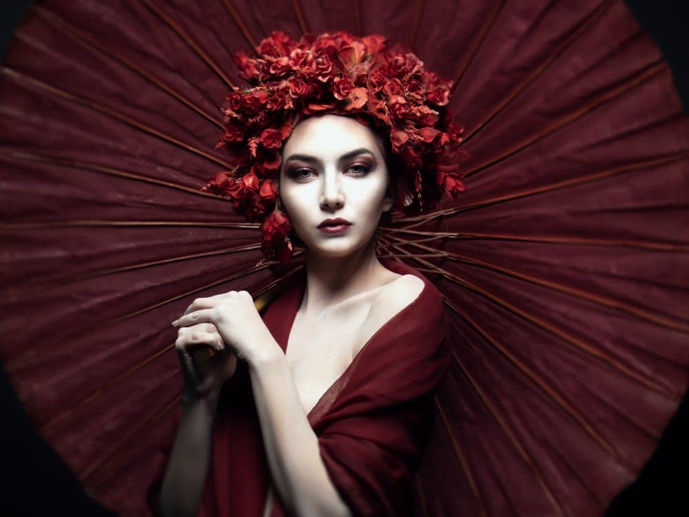 Woman With Crimson Flowers by Siegart — canvas wall art