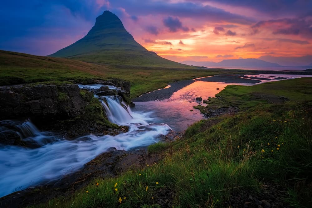 Colorful Mountain Waterfall Sunset by Benton Murphy — canvas wall art