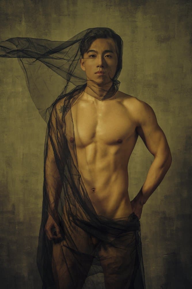 Muscular Man Sheer Drape by QYun — canvas wall art