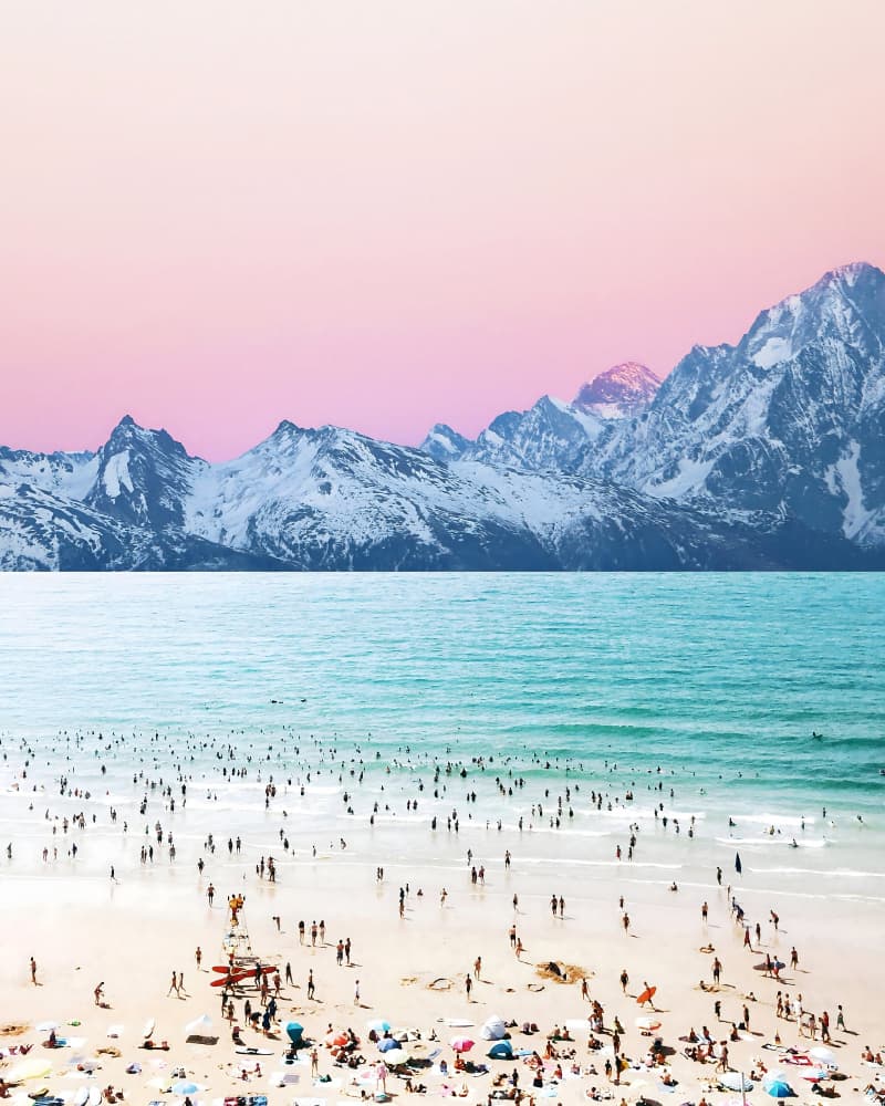 Pink Sky Beach Mountains by Uma Gokhale — canvas wall art