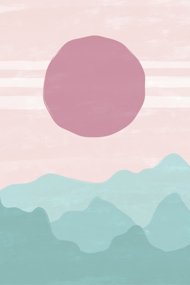 Pink Sun Teal Mountains by Martina — canvas wall art