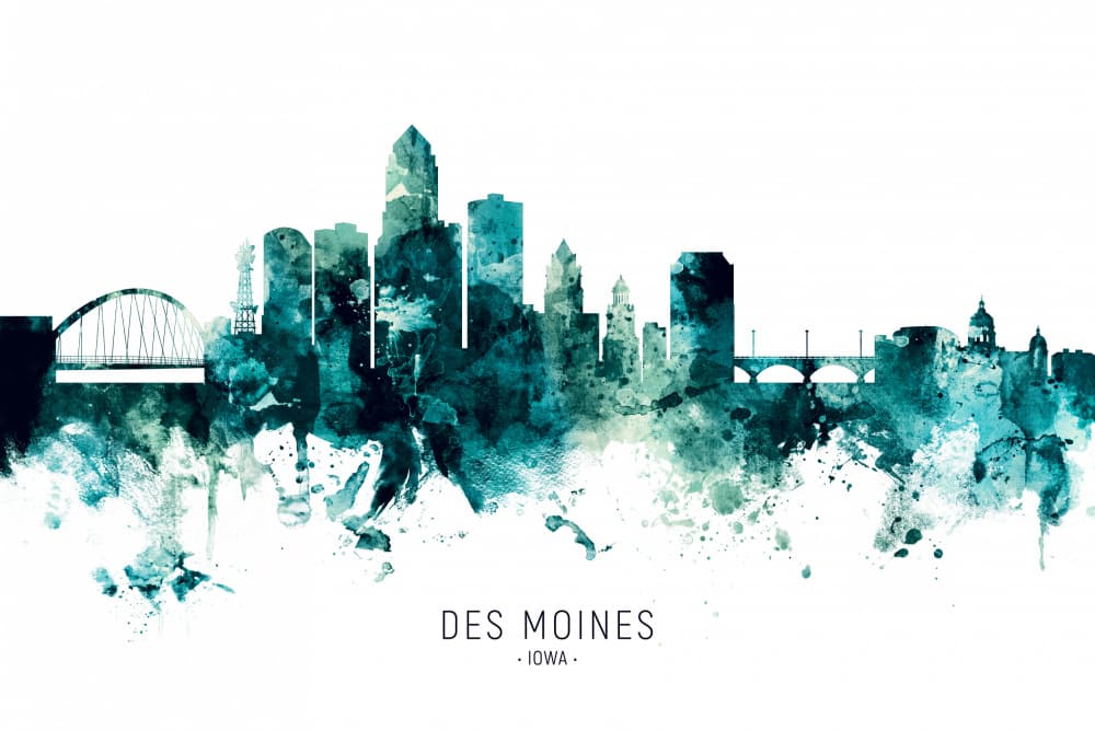 Des Moines Watercolor Skyline by Michael Tompsett — canvas wall art
