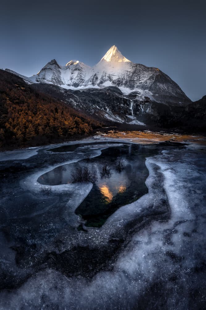 Sunlit Mountain Icy Reflection by Sylviashen — canvas wall art