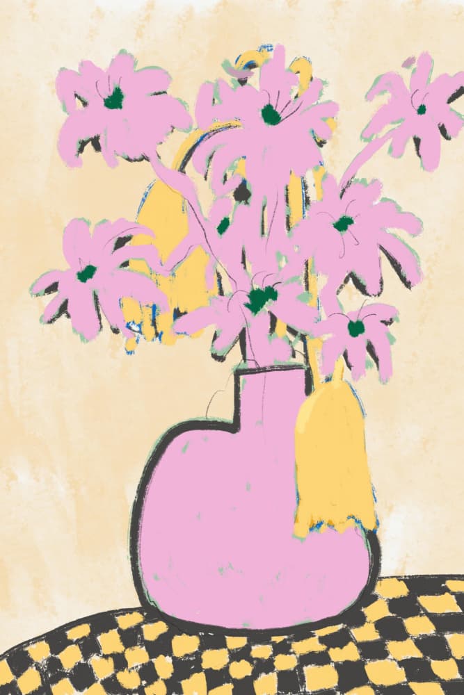 Pink Flowers Checkered Table by Little Dean — canvas wall art