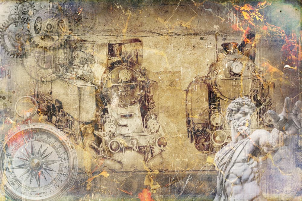 Vintage Steam Train Collage by Rafal Kulik — canvas wall art