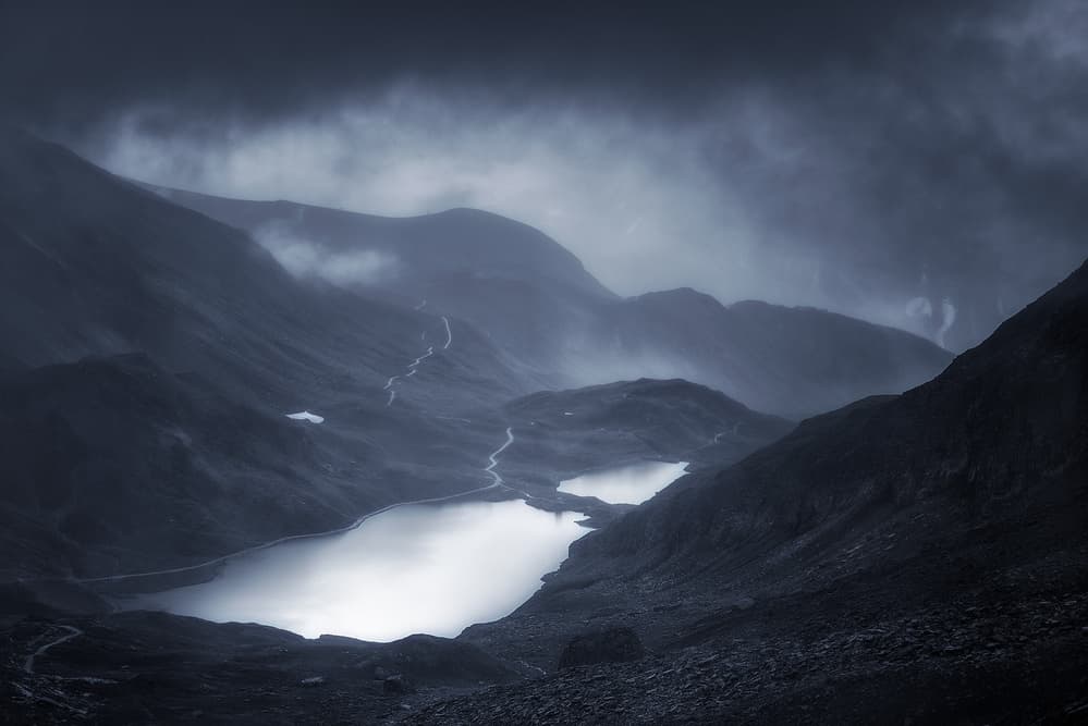 Moody Mountain Lakes by Oskar Baglietto — canvas wall art