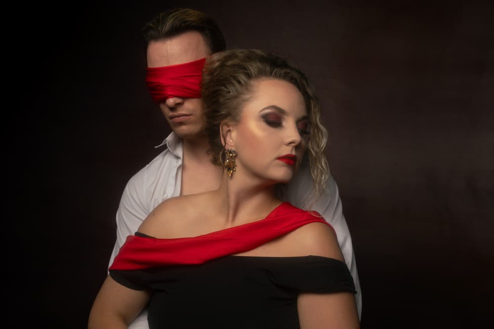 Blindfolded Couple Embrace by Ineke Mighorst — canvas wall art
