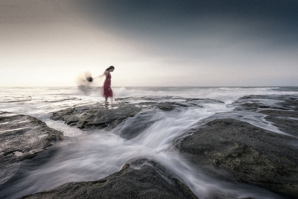 Red Dress Ocean Waves by Bingo Z — canvas wall art