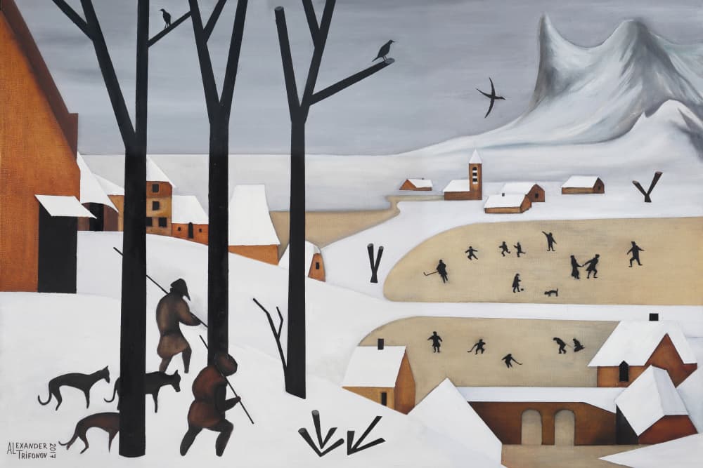 Hunters In Winter Village by Alexander Trifonov — canvas wall art