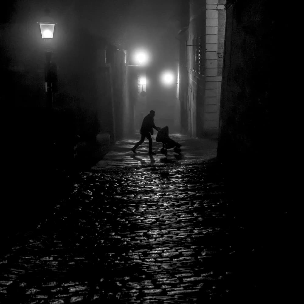 Foggy Night Stroll by Luca Domenichi — canvas wall art