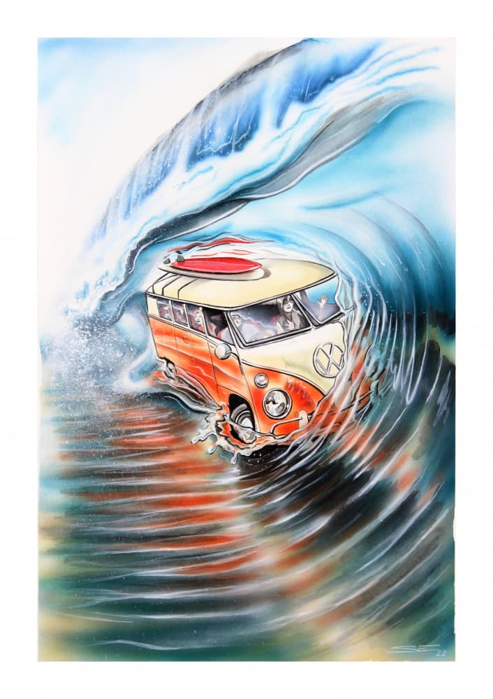 Retro Van Surfing Wave by Steve Erwin — canvas wall art