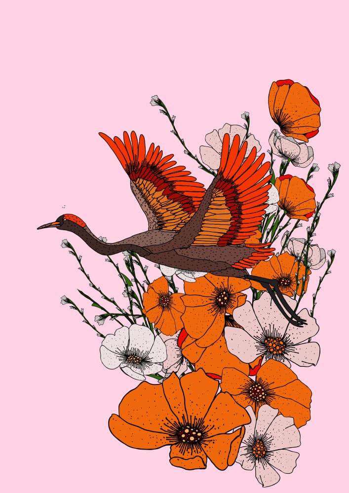 Graceful Crane Floral Flight by Nicholas — canvas wall art