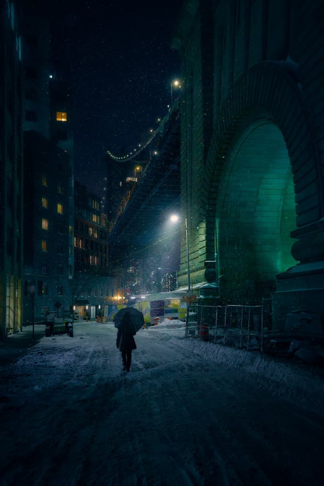 Snowy Brooklyn Night by Javier de la Torre — canvas wall art