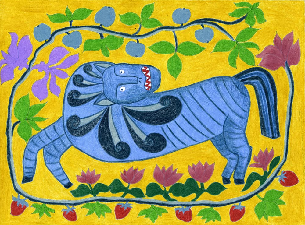 Whimsical Blue Folk Horse by Viktoriia Saunina — canvas wall art