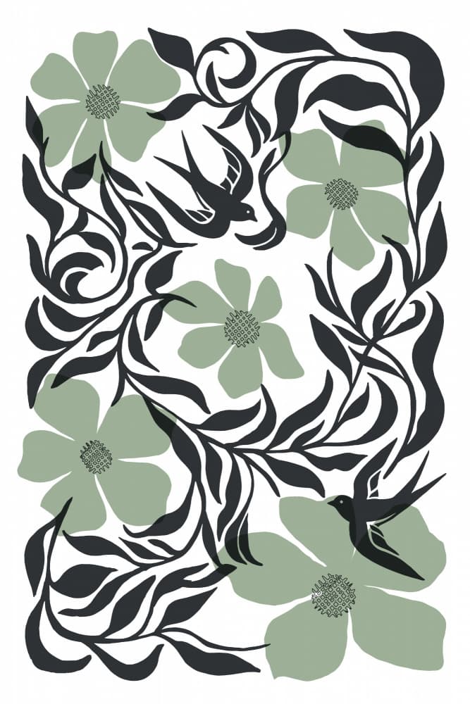 Elegant Swallows and Flowers by cartissi — canvas wall art