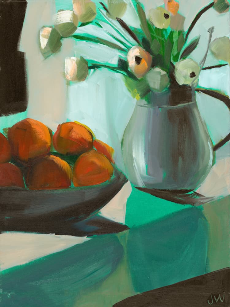 Oranges and White Ranunculus by Jenny Westenhofer — canvas wall art