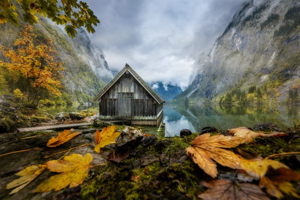 Autumn Boathouse Reflection by fotomarion — canvas wall art