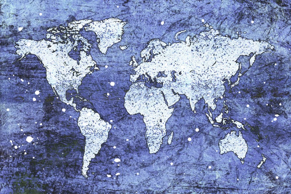 Distressed Blue World Map by Martina — canvas wall art
