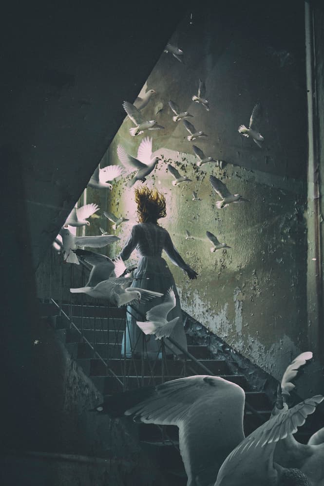 Woman and Flying Doves by Ewa Cwikla — canvas wall art